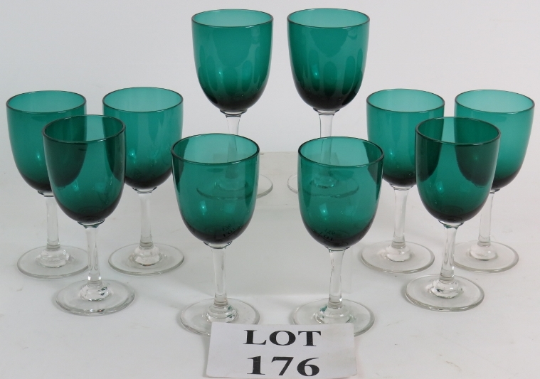A set of ten Mid 19th Century Bristol green bowled drinking glasses, each 13cm tall.