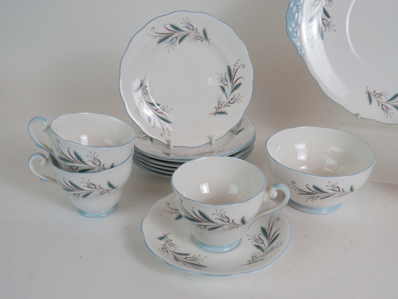 A Mid Century six setting Royal Doulton tea service with blue foliate decoration. - Image 2 of 4