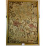A large framed decorative tapestry wall hanging in a frame, depicting an Elizabethan scene.