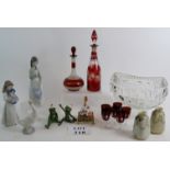 A selection of glass and ceramic collectables including a Davenport incense burner, Nao figures,