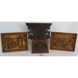 Four decorative wood panels to include a pair of French faux wood pastoral scenes,