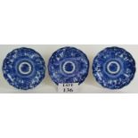 Three blue and white decorative Japanese export porcelain plates, one showing signs of restoration.