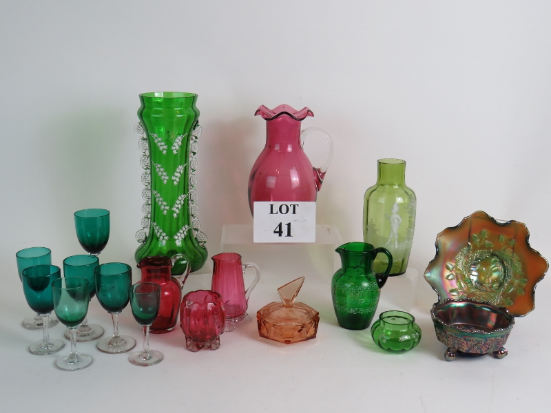 A collection of mainly 19th Century coloured glass including seven teal bowled glasses,