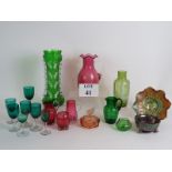 A collection of mainly 19th Century coloured glass including seven teal bowled glasses,