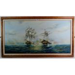 British School (modern) - 'Galleons in battle at sea', oil on canvas, 60cm x 122cm, framed.