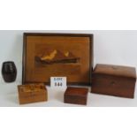 An inlaid Art Deco Sorrento ware tray, a similar box, a lined mahogany antique work box,