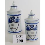 A pair of 18th century continental Faience Apothecary jars and covers, probably French,