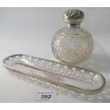 A large hobnail cut scent bottle with hinged silver top and inner stopper, Birmingham 1905,