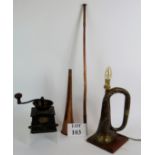 An antique JTL copper and brass bugle converted into a lamp,