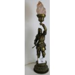 A well cast gilt metal lamp in the form of a Viking Warrior with glass flame shade. Height: 79cm.