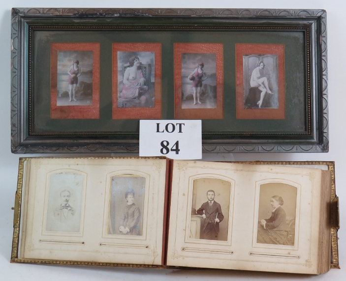 A Victorian leather bound photo album containing various family photos and a framed set of four