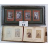 A Victorian leather bound photo album containing various family photos and a framed set of four