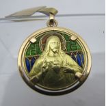 A fine quality French Plique a Jour and yellow metal sacred heart pendant, bearing indistinct marks,