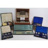 Six sets of cased silver plated cutlery including Mappin and Webb fruit Eaters,