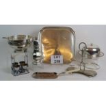 A selection of mainly silver plated items including Mappin and Webb salver and sugar dredger,