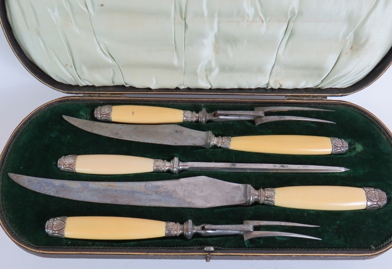 A five piece Sheffield steel carving set by John McClory in a fitted leather case. - Image 2 of 4