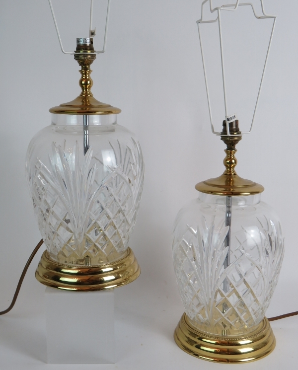 A pair of large Waterford crystal glass lamp bases with pleated Ivory shades. Bases: 32cm tall. - Image 2 of 3