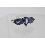 AAA grade tanzanite 9ct gold ring, 2.10cts, (each 7mm x 5mm pear cut), size N, good cut and clarity.