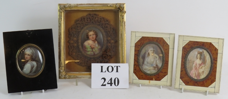 Four 19th Century continental portrait miniatures, two painted on porcelain ovals,