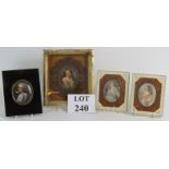Four 19th Century continental portrait miniatures, two painted on porcelain ovals,