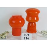 Two 1960's atomic mushroom orange glass table lamps with a great Retro look. Tallest: 22.5cm.