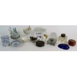 A selection of small collectables including a desk cannon, ceramics, inkwells, crystal grapes,