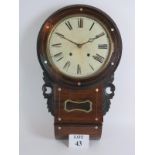 An antique mahogany veneered striking wall clock with mother of pearl inlay and painted enamel dial,