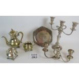 A small selection of silver plated items including a salver dated 1905,