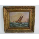 British School (19th century) - 'Sail boats at sea', oil on board, 18cm x 23cm, gilt gesso frame.