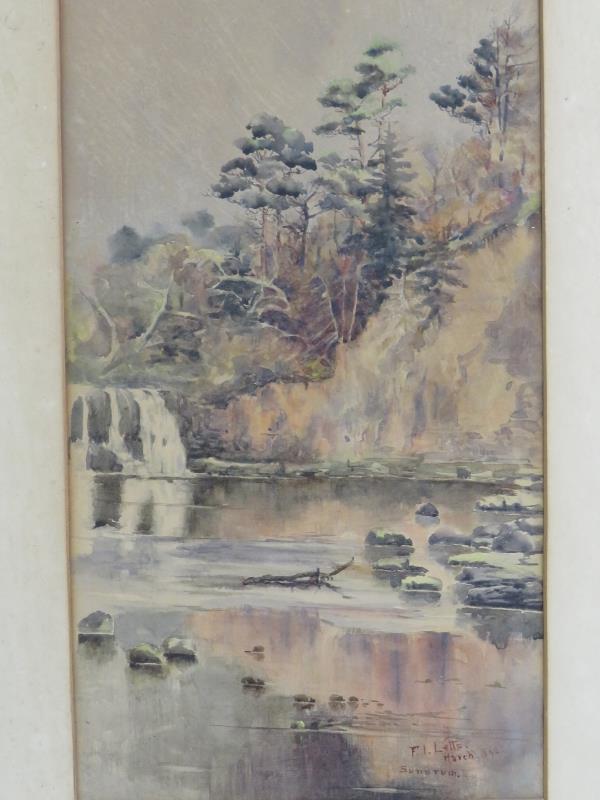 F I Letts (1892) - 'Sundrum', watercolour, signed, dated, titled, 40cm x 20cm, oak frame. - Image 2 of 4