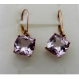 Pink amethyst earrings, lever back, 10mm cushion cut solitaires, 14k gold 925.