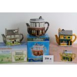 Three novelty TV Soap Opera ceramic teapots including 'Eastender's, The Queen Vic', 'Emmerdale's,