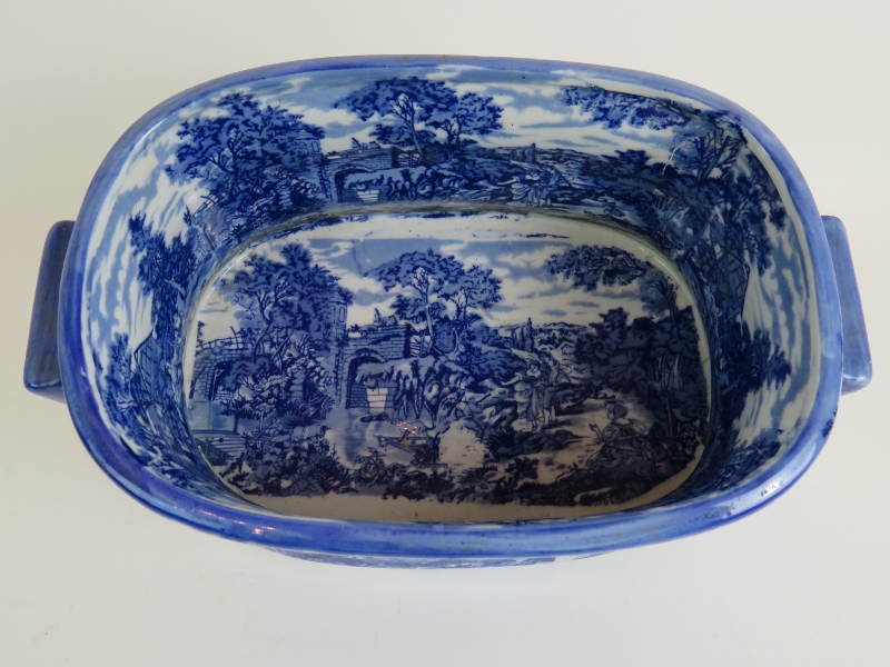 A Victoria Ware Ironstone blue and white transfer printed foot bath with pastoral scenes. - Image 3 of 4