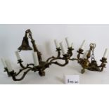 Two vintage heavy brass chandeliers, one five branch and one eight branch,