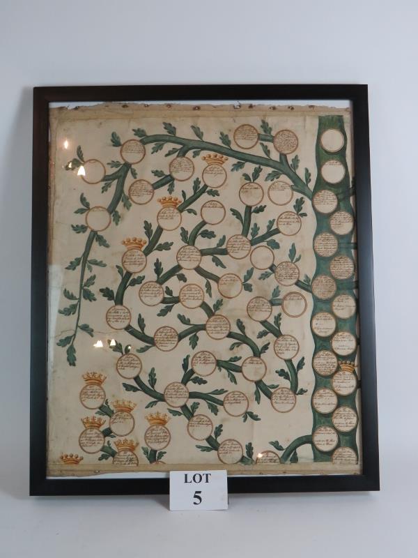 A framed fragment of a 17th Century family tree of colonial Portuguese dignitaries,