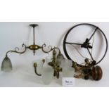 Three period brass light fittings including a rise and fall three bulb fitting,