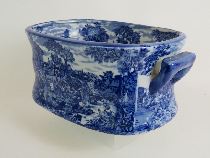 A Victoria Ware Ironstone blue and white transfer printed foot bath with pastoral scenes. - Image 2 of 4
