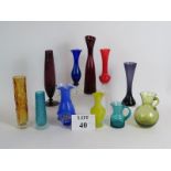 Eleven pieces of 20th Century coloured glass including 2 Whitefriars style vases. Tallest: 27cm.