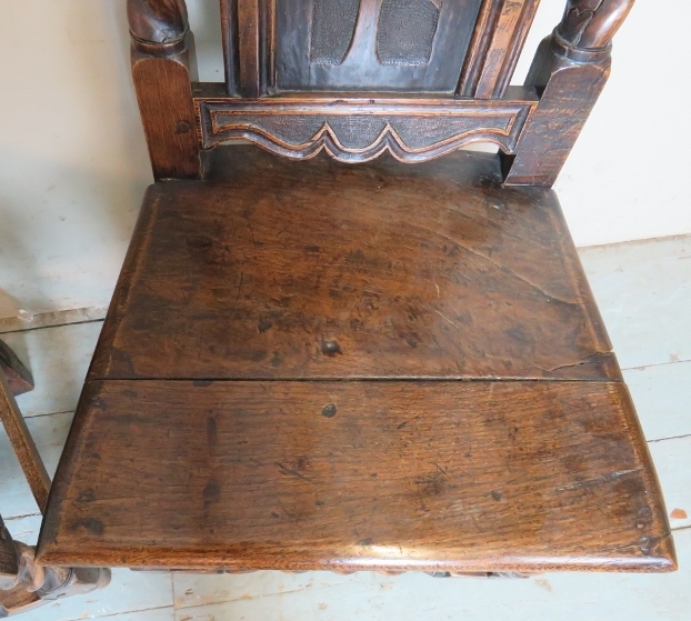 A pair of 17th Century oak hall chairs with carved motifs and spiral twist uprights and lower front - Image 6 of 8