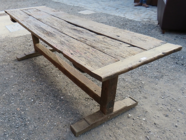 An early rustic three plank refectory dining / kitchen table with a centre lower stretcher bearing - Image 2 of 5