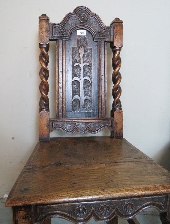 A pair of 17th Century oak hall chairs with carved motifs and spiral twist uprights and lower front - Image 3 of 8