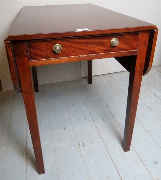 A 19th century mahogany drop leaf Pembroke table with a single drawer to one end having brass - Image 2 of 4