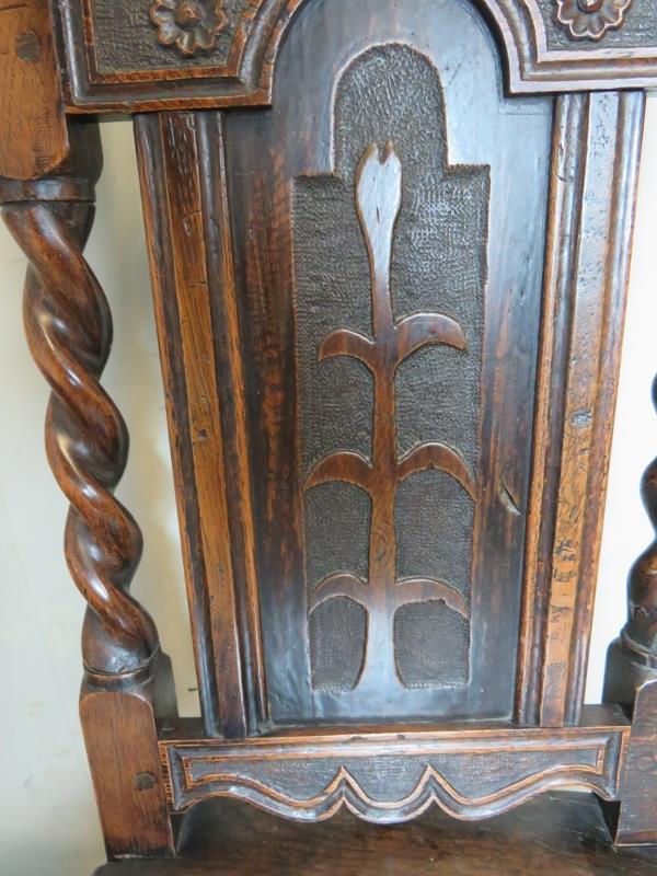 A pair of 17th Century oak hall chairs with carved motifs and spiral twist uprights and lower front - Image 8 of 8