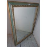 A contemporary rectangular wall mirror with gilt moulding and duck egg blue border with a bevelled