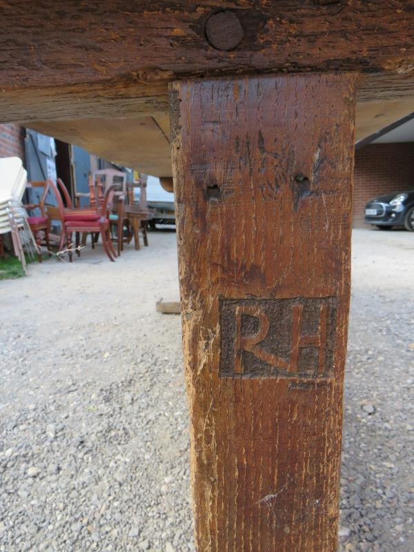 An early rustic three plank refectory dining / kitchen table with a centre lower stretcher bearing - Image 5 of 5