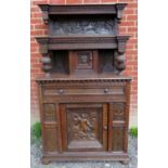 A 17th Century oak tri-dresser dated 1665 with detailed panels depicting horse drawn carriage over