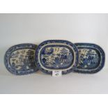 Three large antique blue and white willo