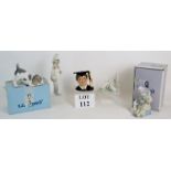 Three Lladro figurines including a puppy dog, girl with basket and a clown,