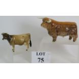 A Beswick Pottery Highland Bull and a Beswick Pottery Jersey cow. Bull height: 12.5cm.