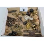 A selection of vintage and antique cabinet maker's ironmongery and keys including door fittings,